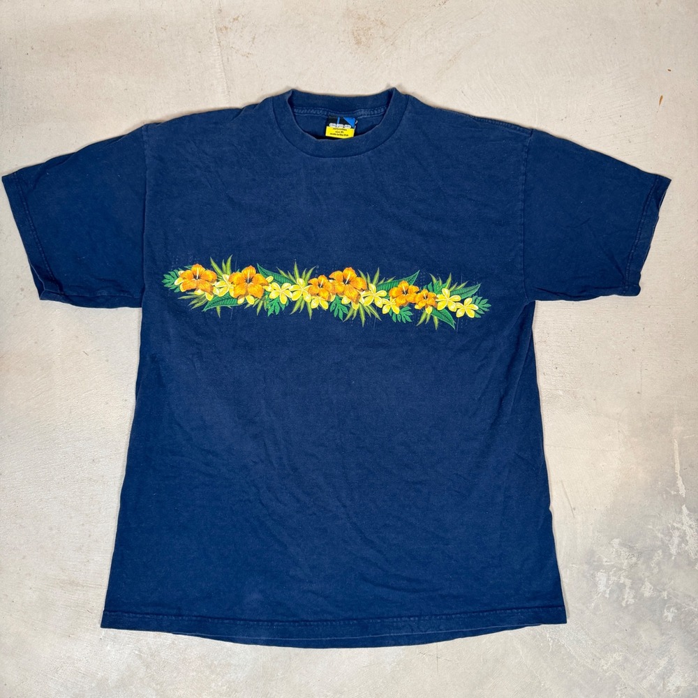 Vintage Ocean Pacific OP Navy Blue Floral Hibiscus Lei T-Shirt XL Made in USA